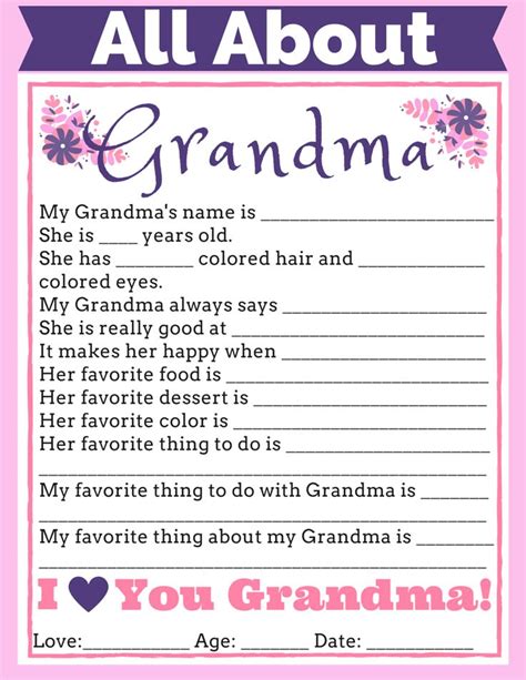 Free Printable All About Grandma Printable